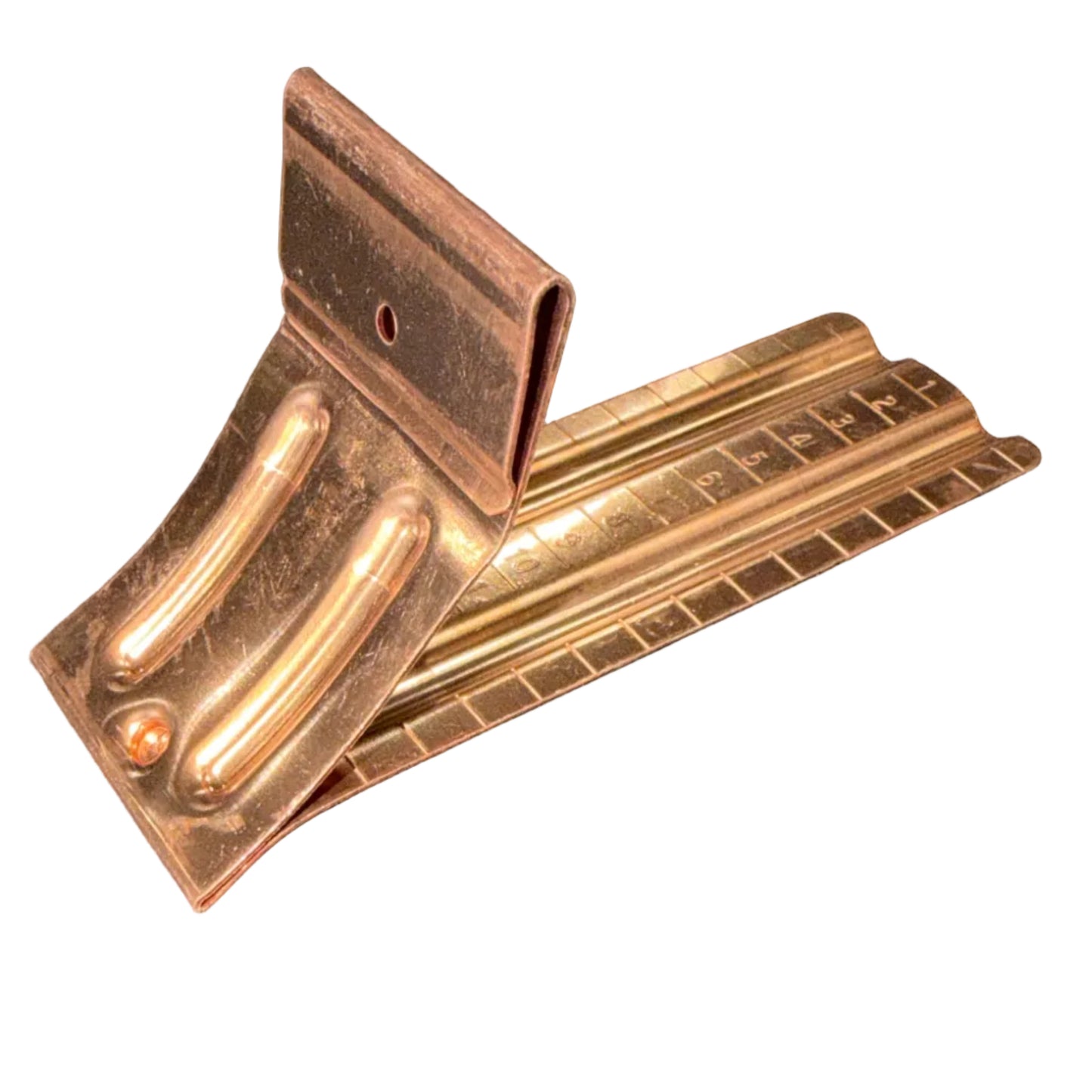 Durable copper and white gutter spacer brackets for half-round gutters.