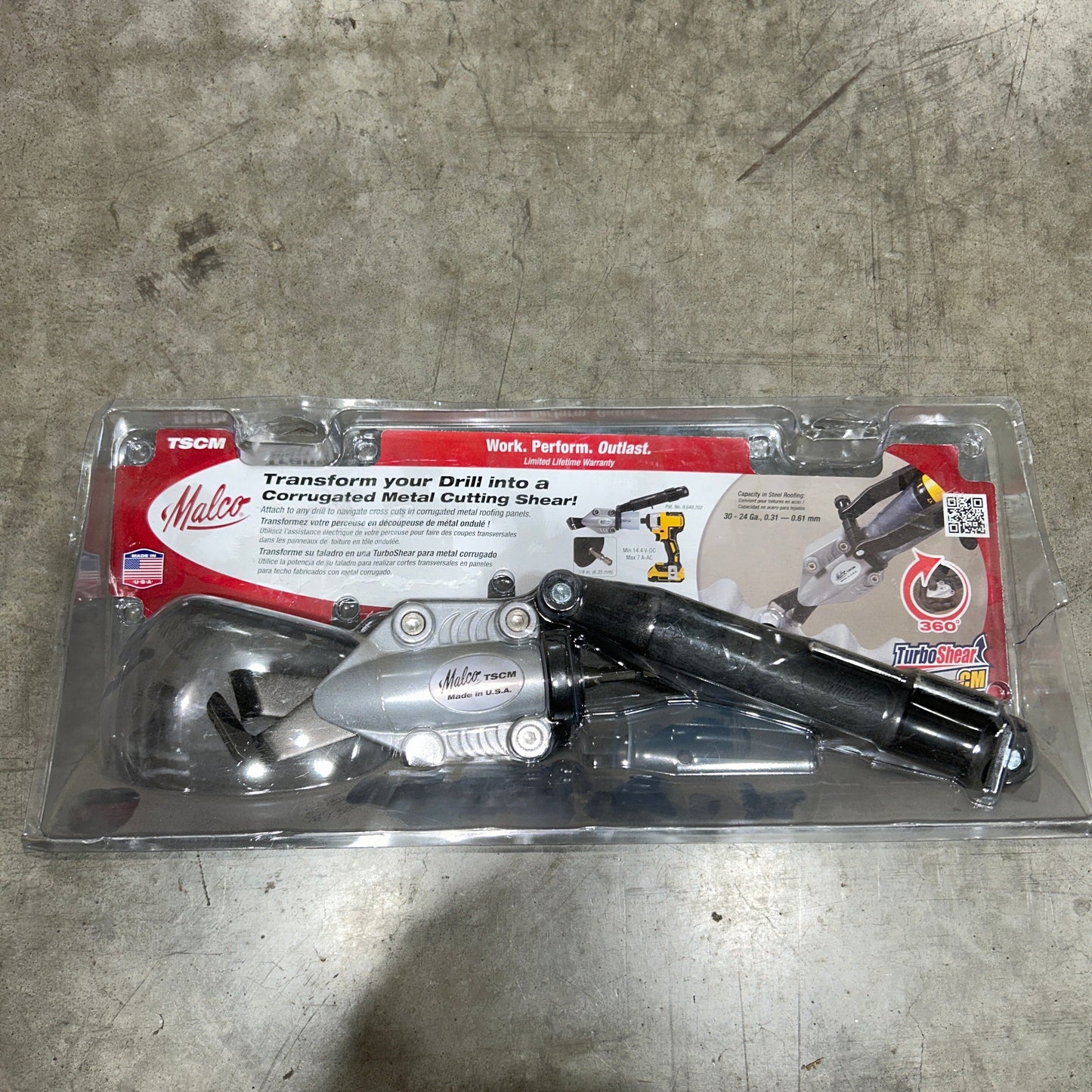 Malco TSCM TurboShear corrugated metal cutting drill attachment in retail packaging transforms drill into power shear Made in USA GutterAll Damascus Oregon