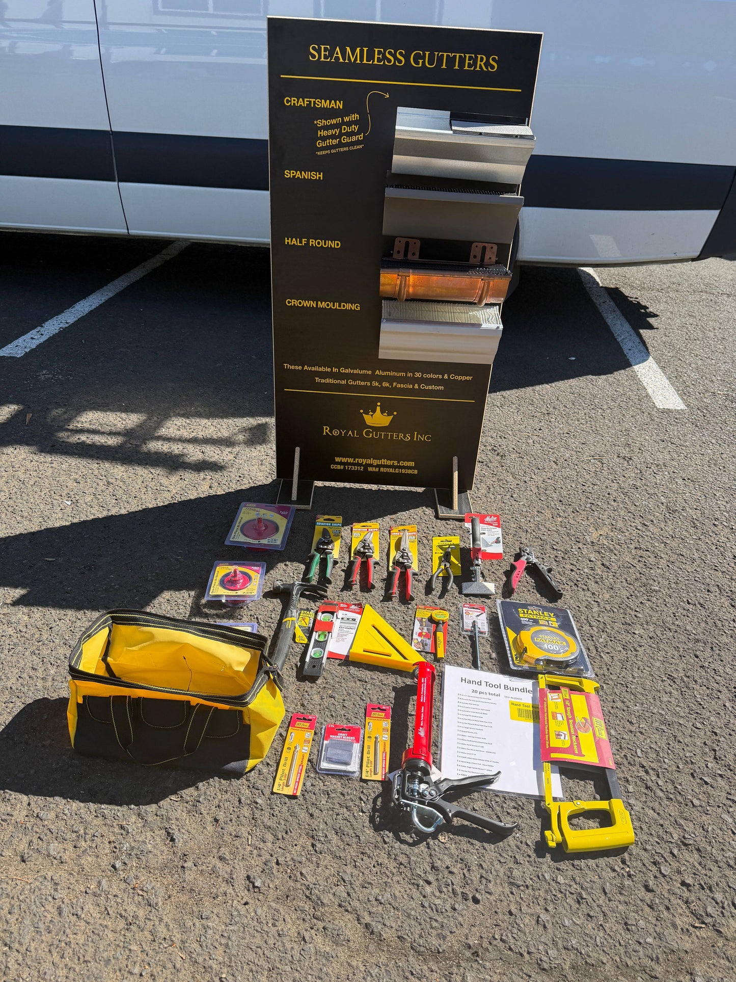 20-piece professional gutter installation hand tool bundle featuring aviation snips hole saws tape measures Malco hand seamer end cap crimper hacksaw torpedo level speed square caulking gun with free heavy-duty yellow tool bag contractor starter kit by GutterAll Damascus Oregon