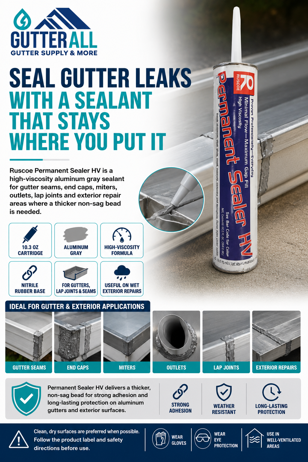 Ruscoe HV Sealant – Permanent Gutter Leak Repair, Aluminum Gray (10.3 oz)