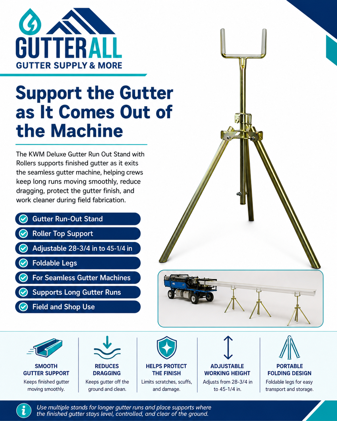 Adjustable gutter support stand for seamless gutter machine runout