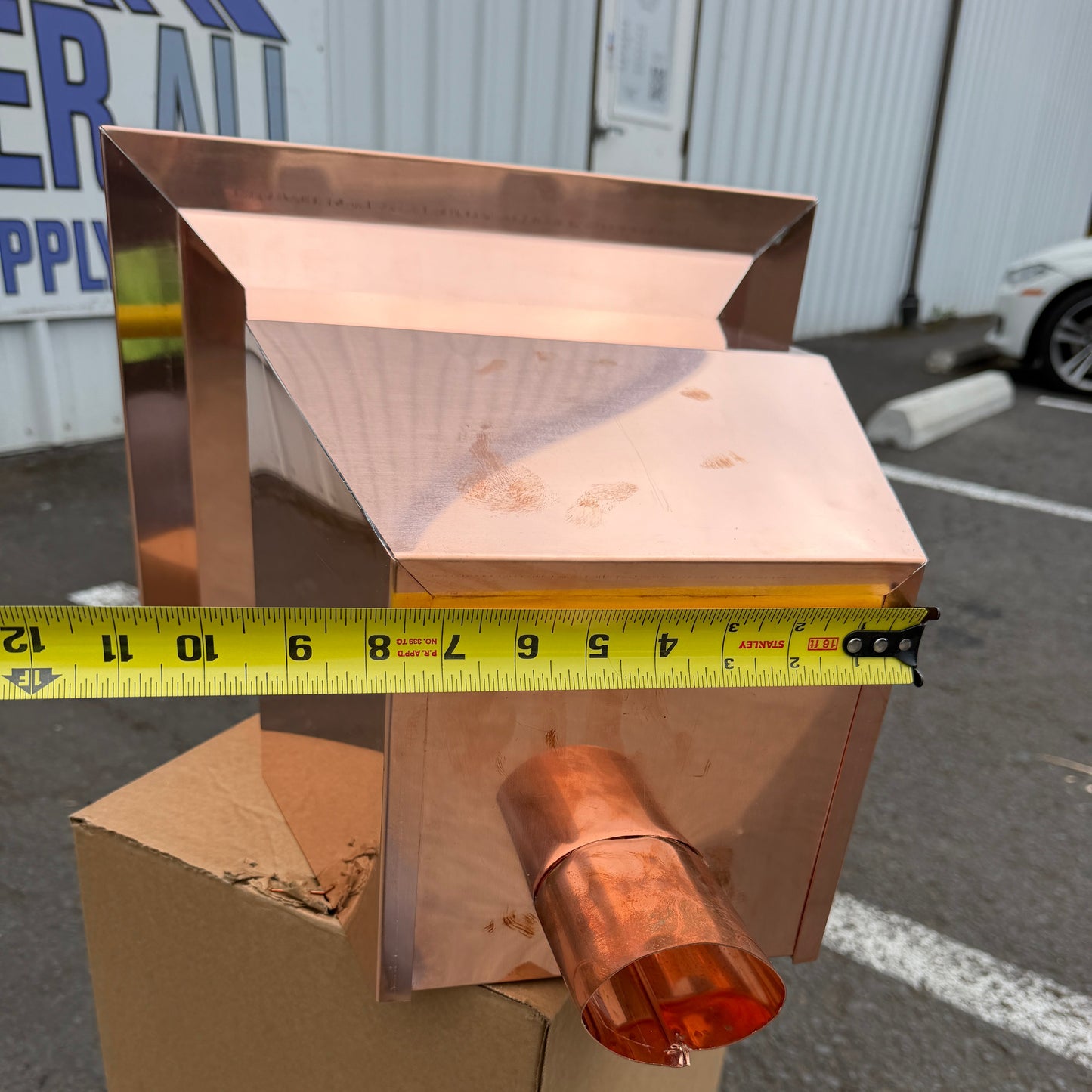 Large 17x12x19 inch copper conductor head leader head collector box rain head modern box style stepped top design for 2x3 oval copper downspout high capacity water management architectural drainage - GutterAll Damascus Oregon
