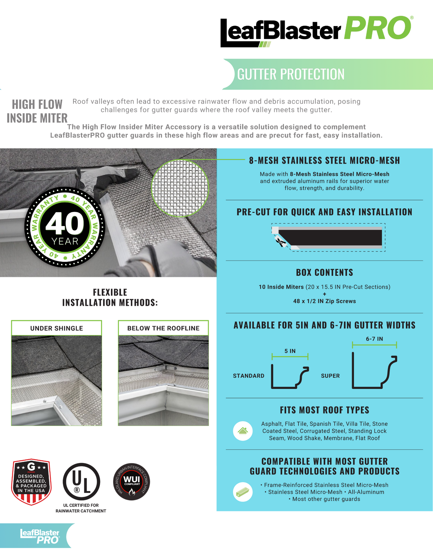 LeafBlaster PRO High Flow Inside Miter gutter guard with 8-mesh stainless steel for high-flow roof valleys. Buy LeafBlaster PRO Gutter Guard with 40-year warranty.
