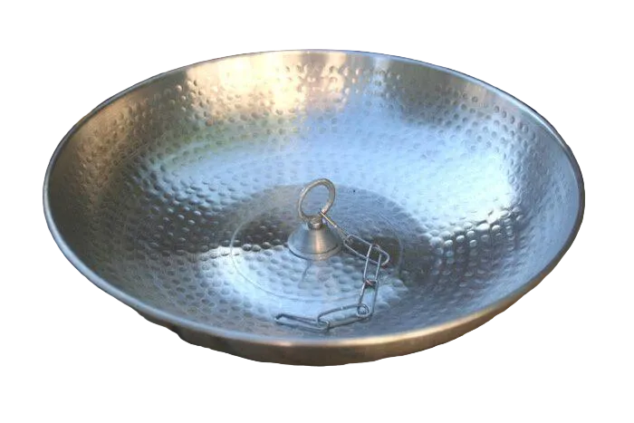 16 inch copper dotted dish rain chain basin. 16" diameter x 3" deep. Integrated hook. Optional Dish Loop Kit. Contractor DIY. Damascus OR local pickup.