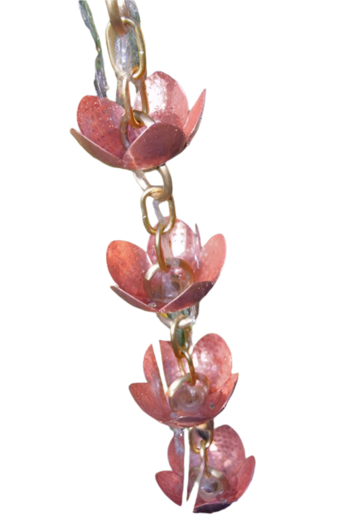 Angled view of pink lotus copper rain chain with multiple cups in a row.