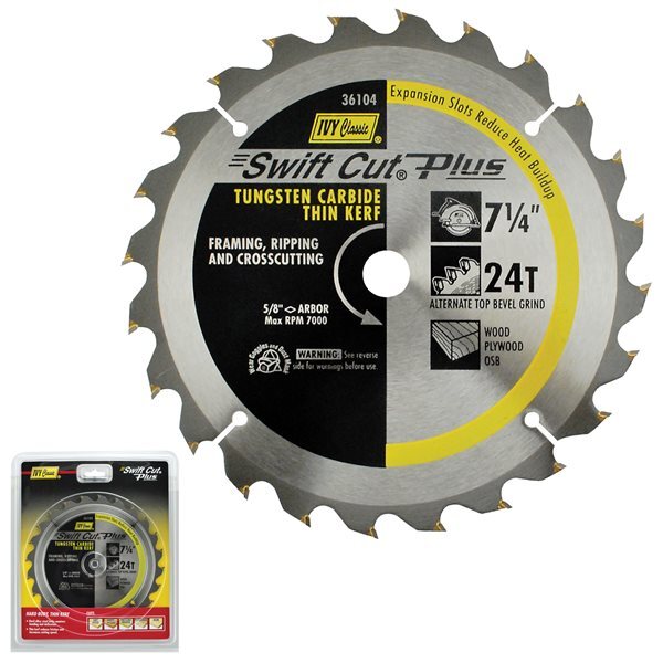 Ivy Swift Cut Plus circular saw blade 7 1/4 inch 24 tooth tungsten carbide yellow expansion slots professional contractor grade general purpose framing ripping crosscutting