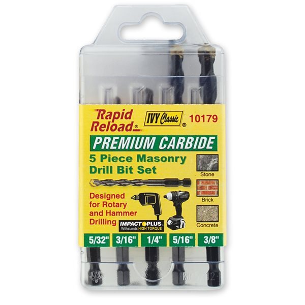 Ivy Rapid Reload Premium Carbide Masonry Drill Bit Set. 5 pieces. Tungsten carbide. Hammer drill compatible. Professional grade. Contractor quality. Ships nationwide.