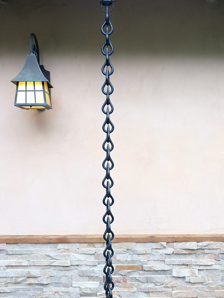 Rain drop link aluminum rain chain 8ft sections with 54 teardrop links. Matte black powder coat. 2-1/4" x 3-3/8". 15-min install. Contractor DIY. Damascus.