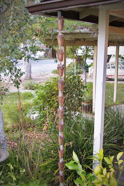 Dragonfly Copper Rain Chain. Garden design with maple leaves. 8ft section. 16 cups. 3-3/4" x 4". Embossed vines. V-hook included. Contractor DIY. Damascus OR.