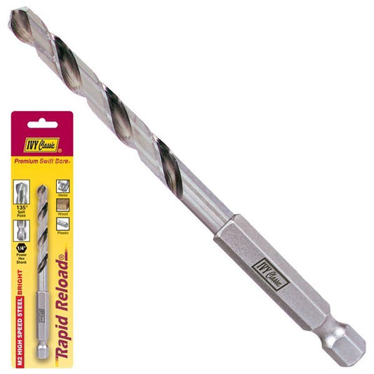 Ivy Classic M2 HSS twist drill bit quick-change 1/4 inch hex shank 135 degree split point multiple sizes 1/8 to 1/2 inch professional grade high-speed steel