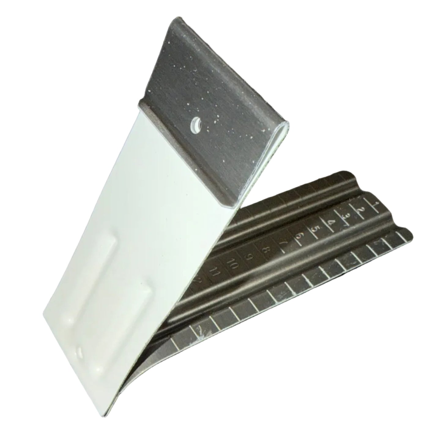 Durable copper and white gutter spacer brackets for half-round gutters.