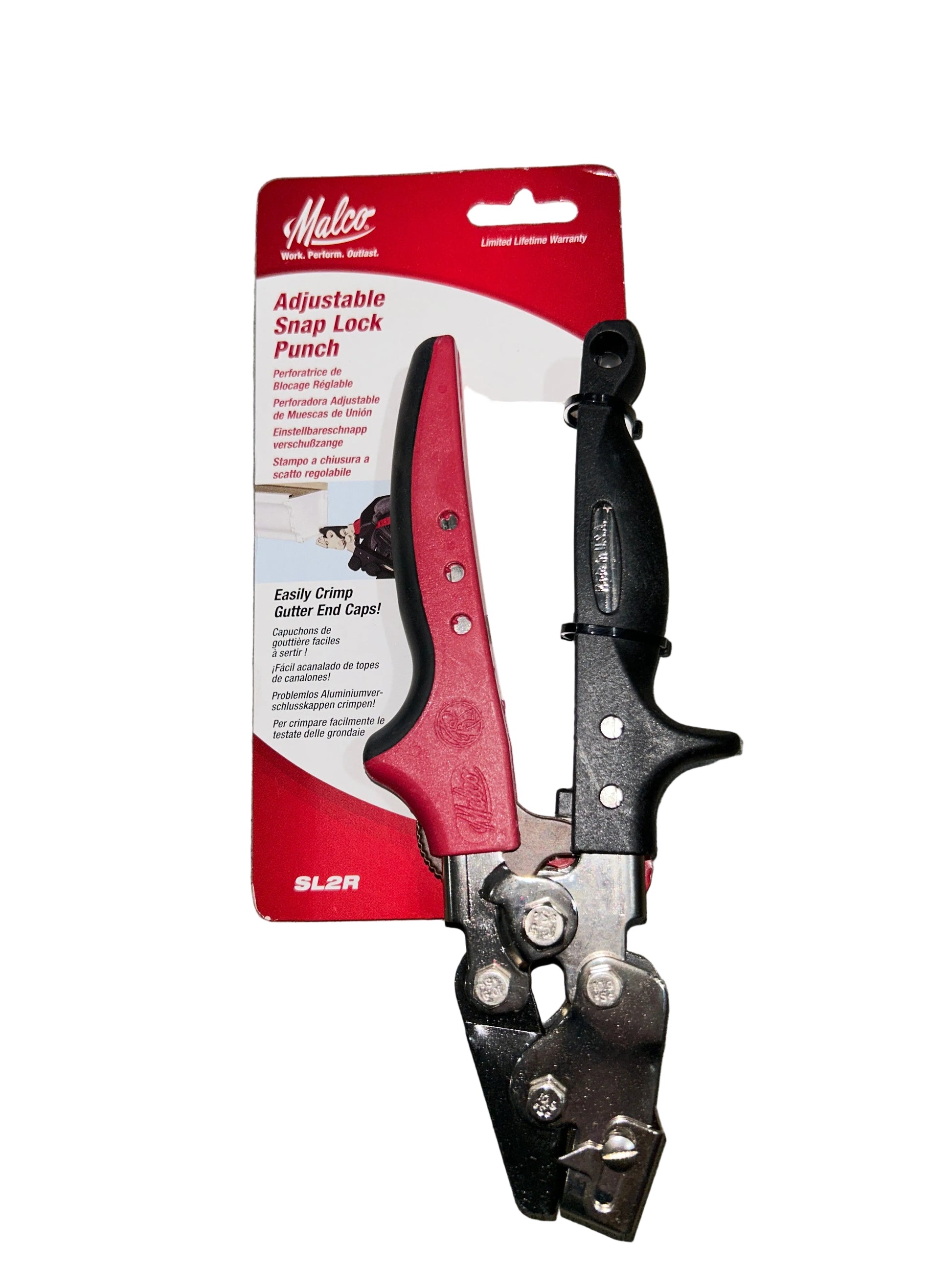 Malco SL2R adjustable snap lock punch gutter tool REDLINE ergonomic handles heavy forged steel 1/4 to 5/8 inch throat retail packaging Damascus Oregon GutterAll