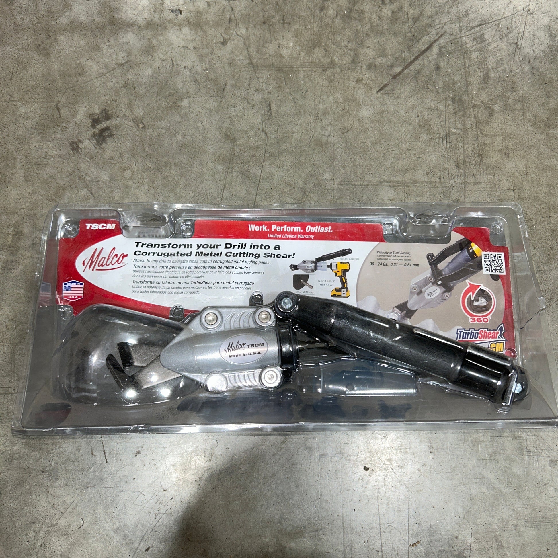 Malco TSCM TurboShear corrugated metal cutting drill attachment in retail packaging transforms drill into power shear Made in USA GutterAll Damascus Oregon
