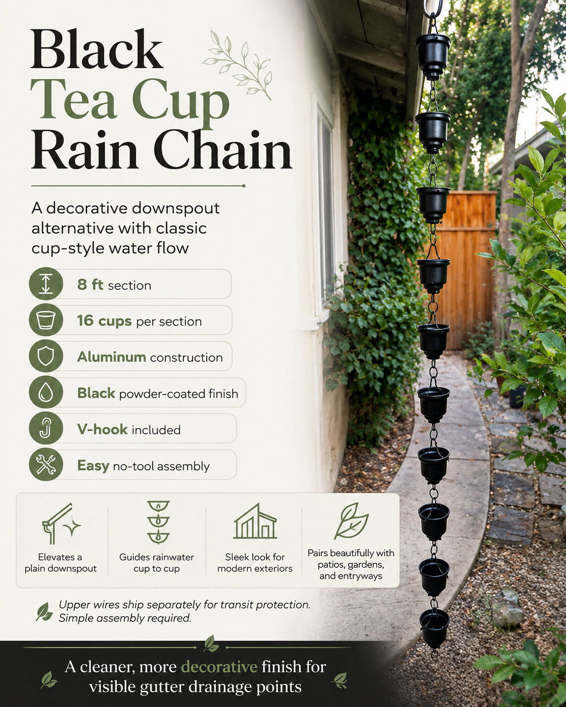 Black Tea Cup Rain Chain | 8 ft Aluminum with V-Hook