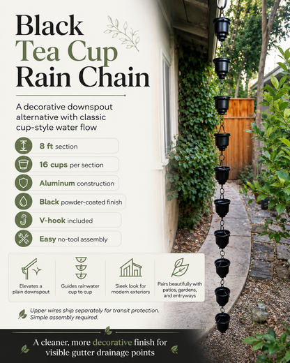 Black Tea Cup Rain Chain | 8 ft Aluminum with V-Hook