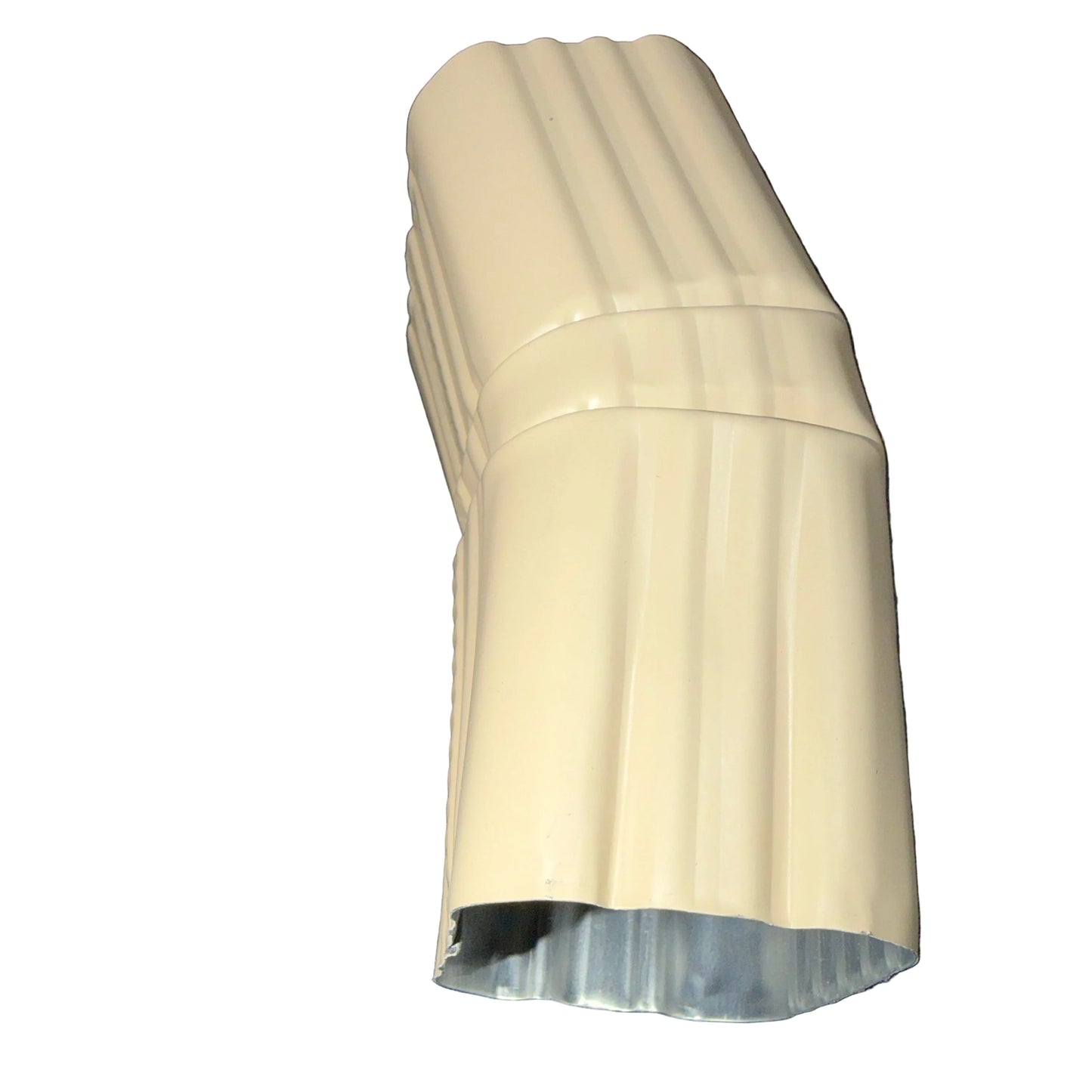 Professional 2x3 Aluminum Downspout Elbow 22.5 Degree Type A showing ribbed construction and smooth interior, Antique Ivory