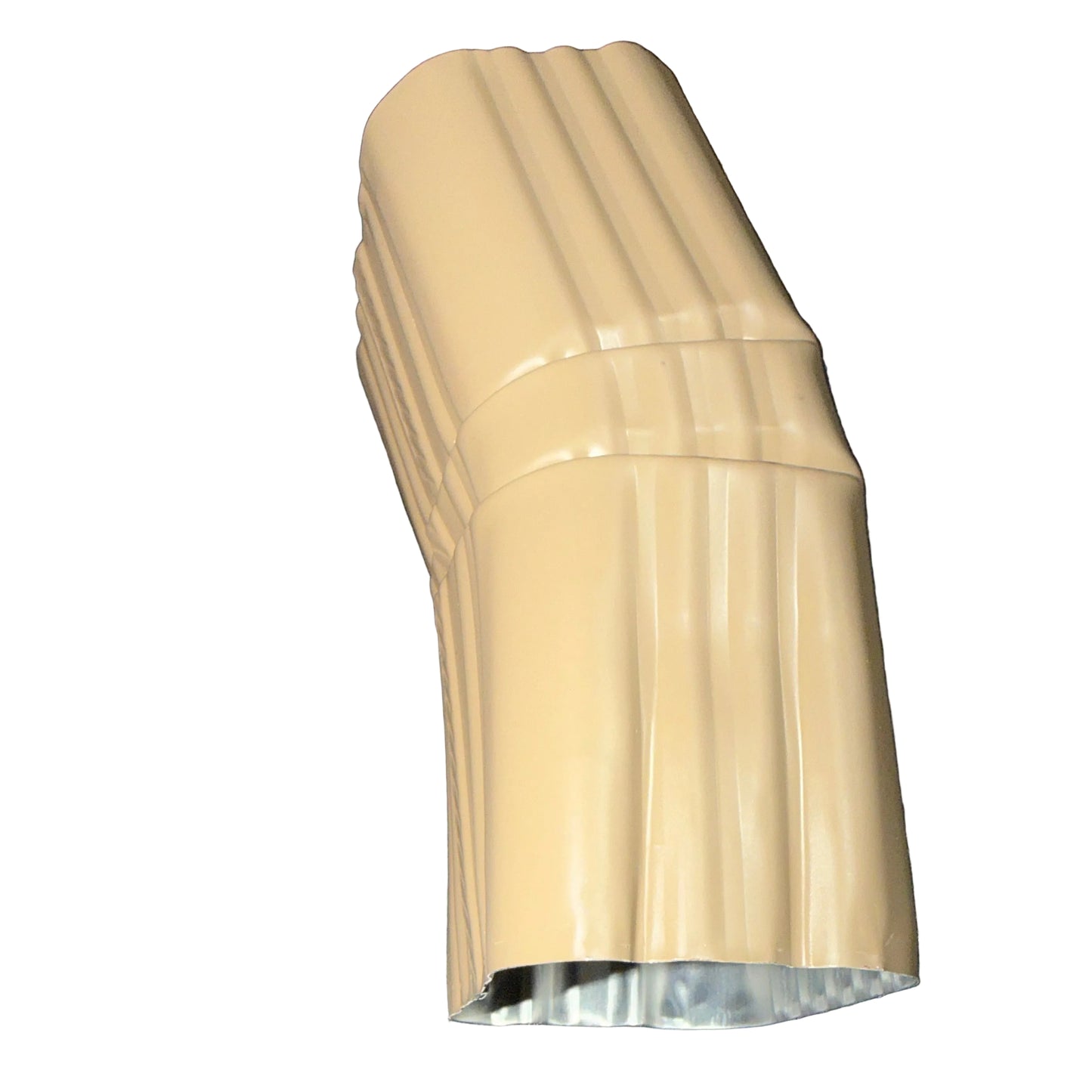 Professional 2x3 Aluminum Downspout Elbow 22.5 Degree Type A showing ribbed construction and smooth interior, Buckskin Brown