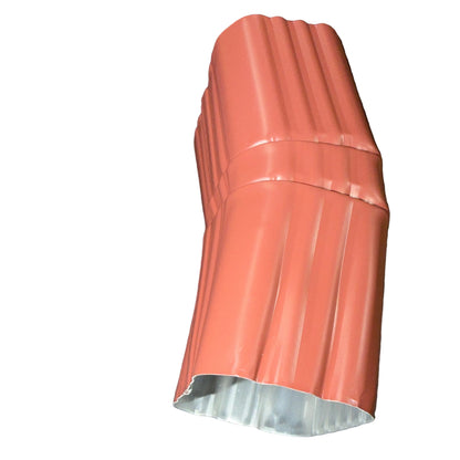 Professional 2x3 Aluminum Downspout Elbow 22.5 Degree Type A showing ribbed construction and smooth interior, Colonial Red