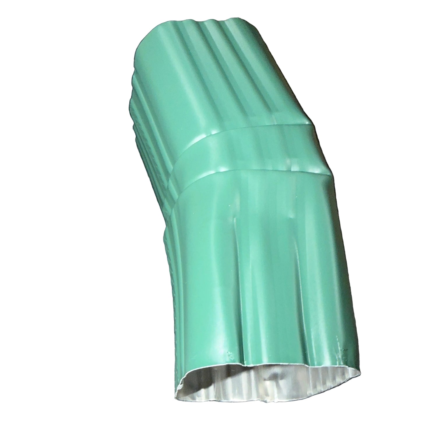 Professional 2x3 Aluminum Downspout Elbow 22.5 Degree Type A showing ribbed construction and smooth interior, 
Forest Green