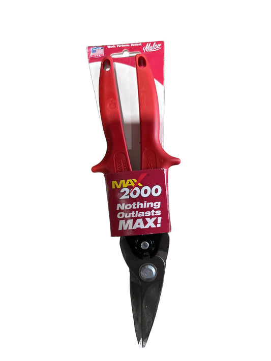 Malco MAX 2000 left cut aviation snip M2001 red handles hardened alloy steel blades 18 gauge cutting capacity sheet metal scissors Made in USA Damascus Oregon GutterAll