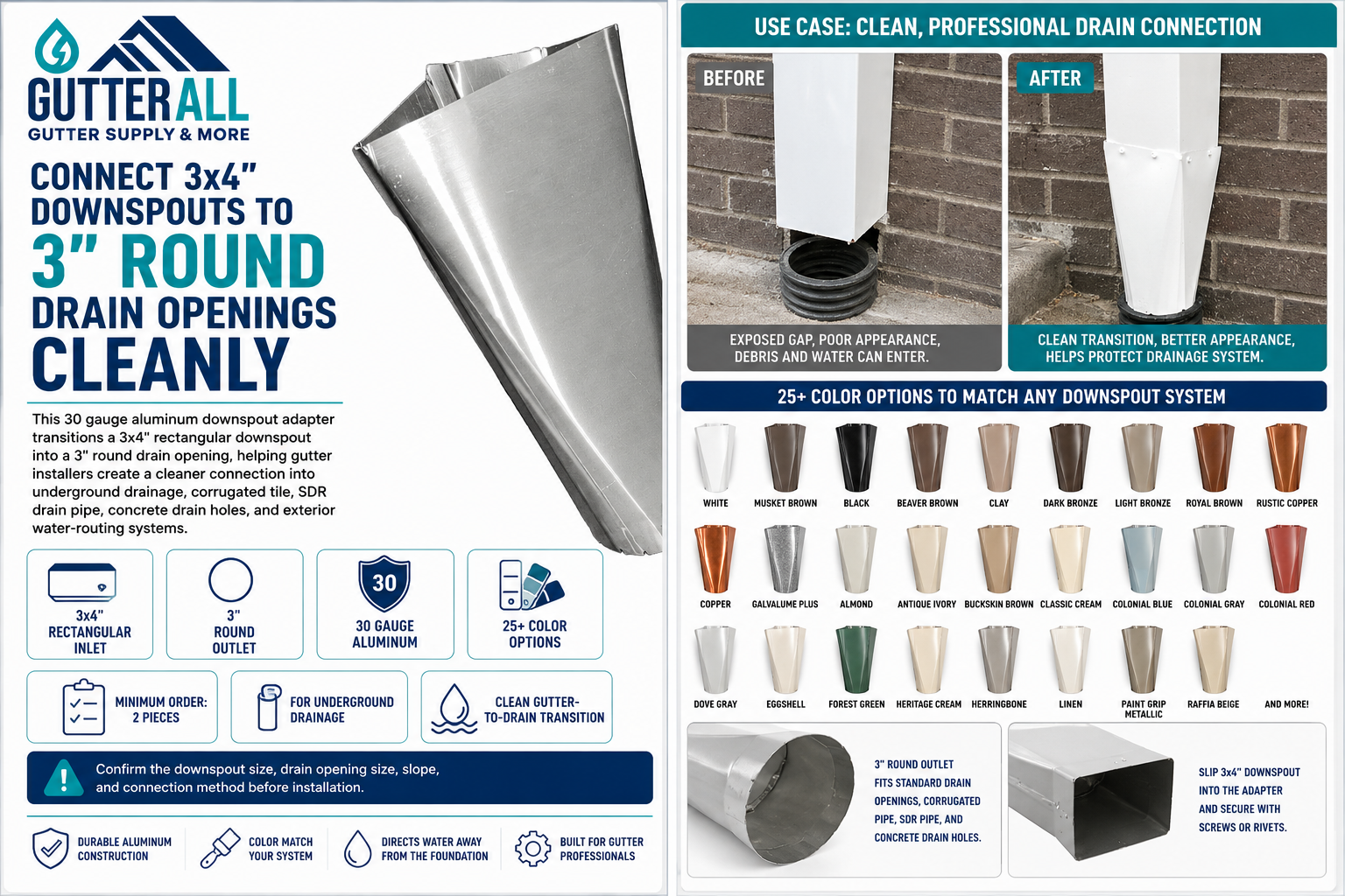 3x4 to 3 inch round gutter drain adapter for underground drainage