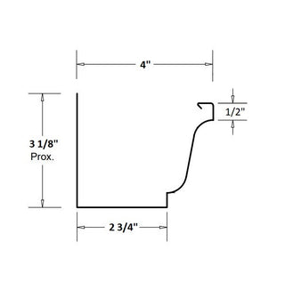 Technical diagram of 4-inch K-style gutter dimensions with measurements.