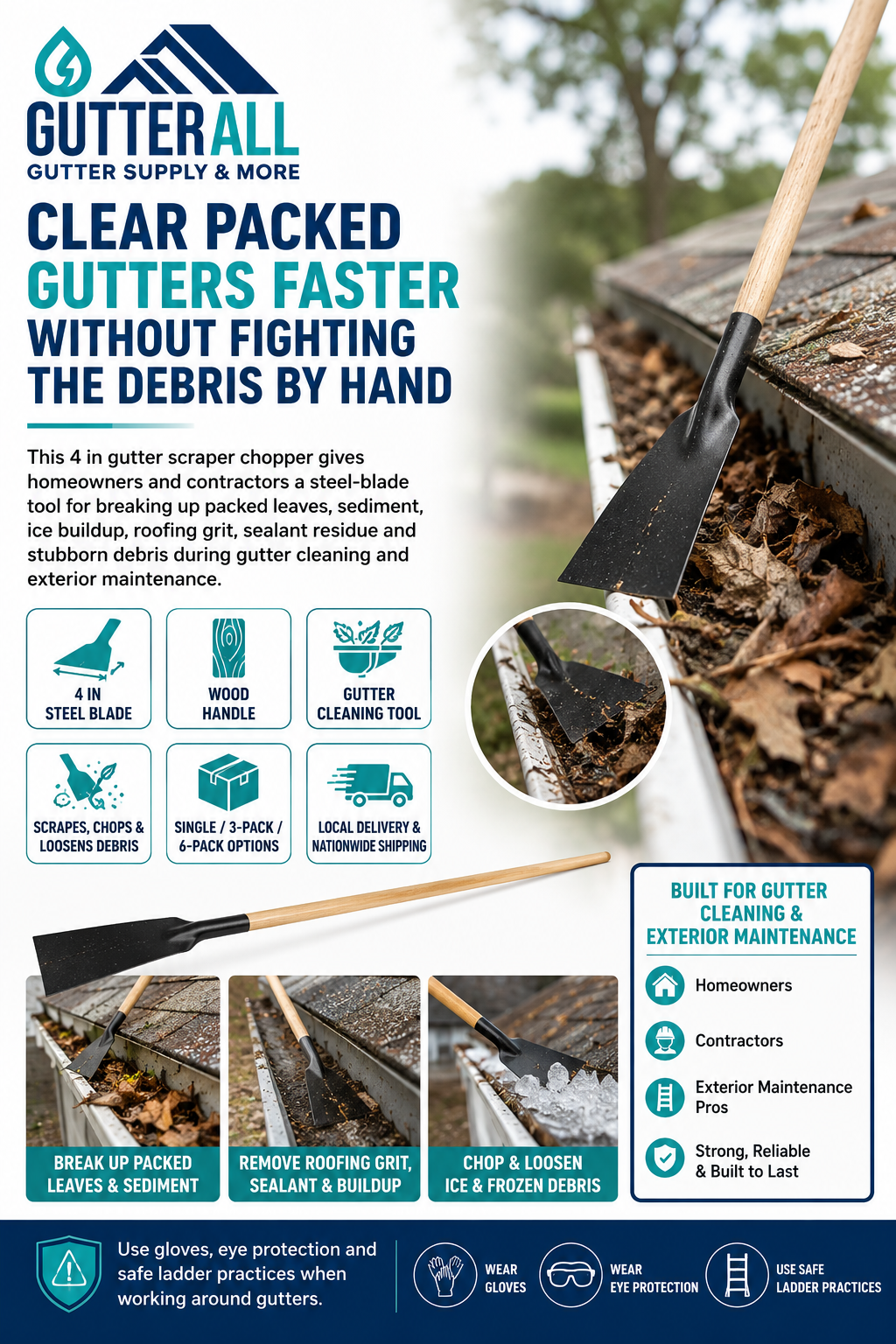 4 in Gutter Scraper Chopper Tool with Wood Handle