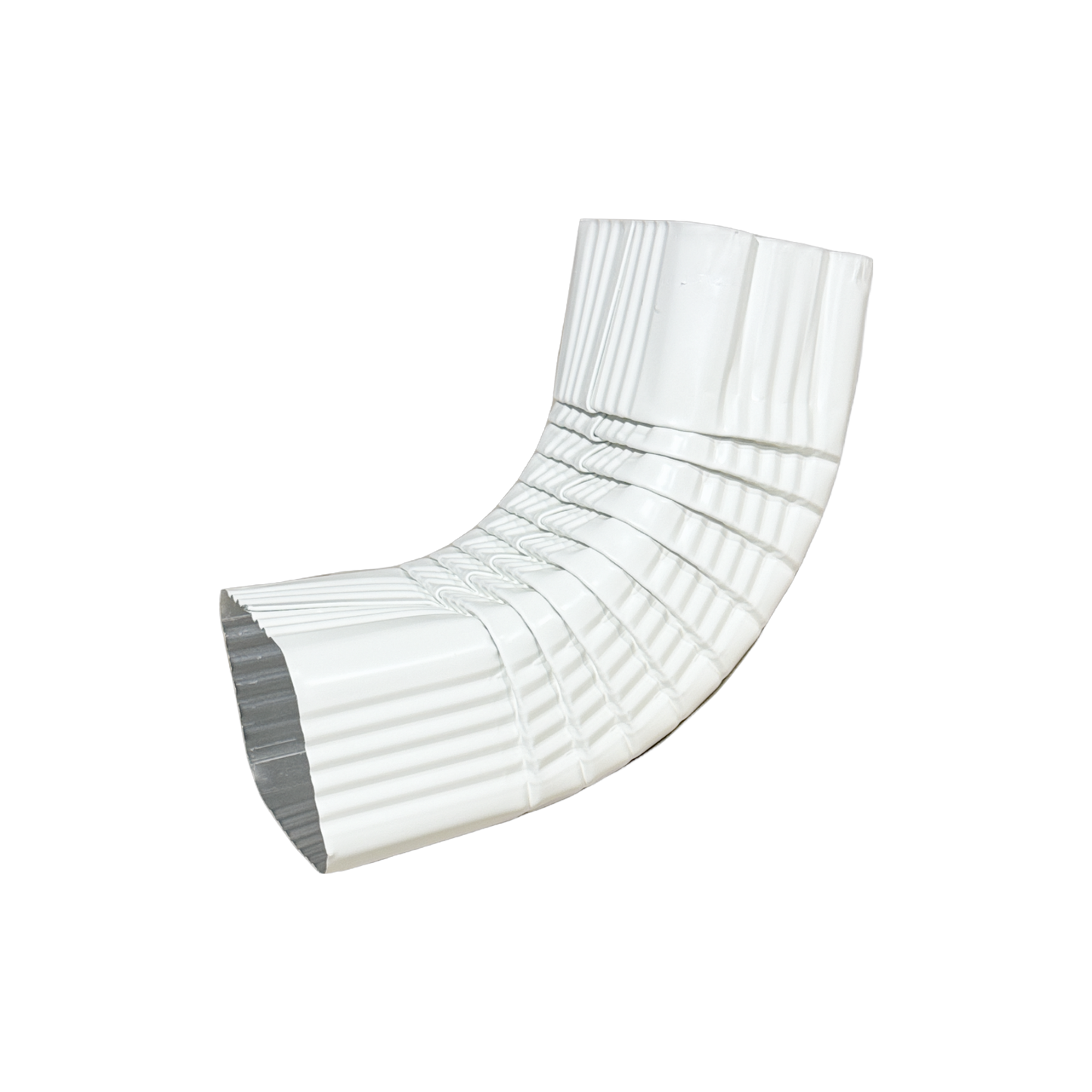 Professional-grade white 4x5 aluminum gutter elbow, 75-degree Type A.