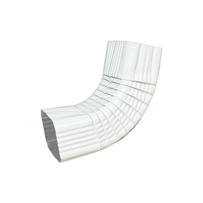 Professional-grade white 4x5 aluminum gutter elbow, 75-degree Type A.