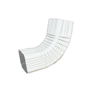 Professional-grade white 4x5 aluminum gutter elbow, 75-degree Type A.