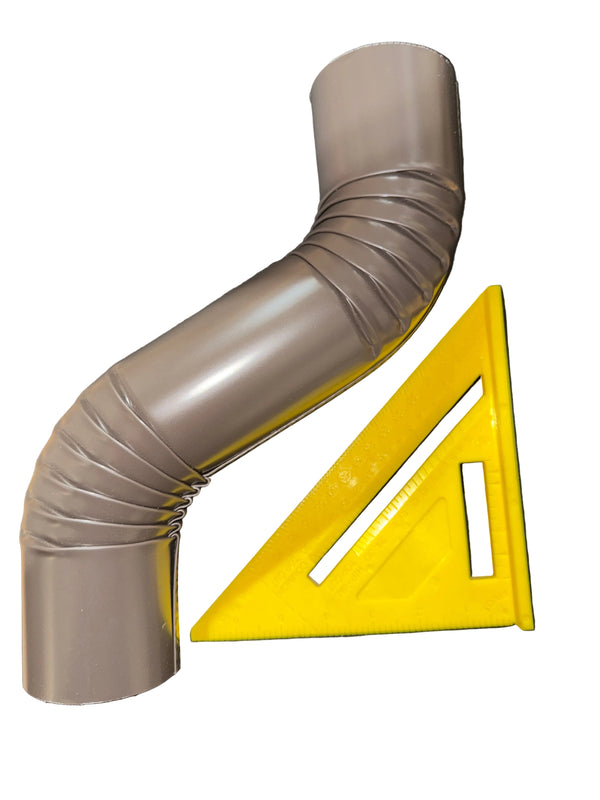 Professional 3 inch round double offset downspout elbow in musket brown finish showing ribbed corrugated construction for maximum strength