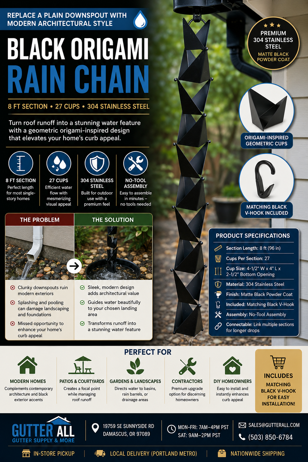 Black Origami Rain Chain | 8 ft Stainless Steel Cups