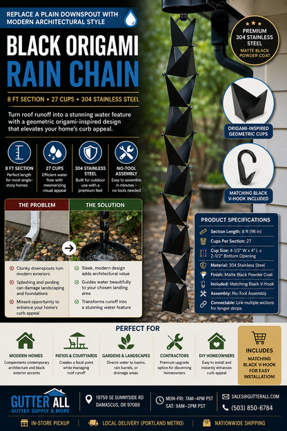 Black Origami Rain Chain | 8 ft Stainless Steel Cups