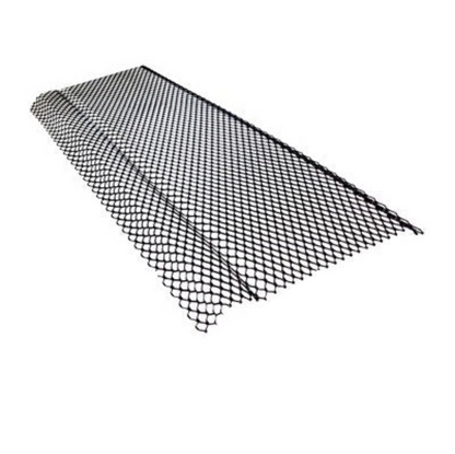 A black copper mesh gutter guard designed to protect half round gutters from debris.