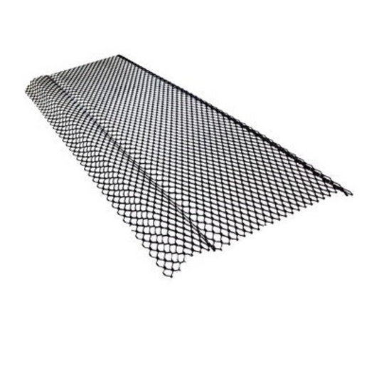 A black copper mesh gutter guard designed to protect half round gutters from debris.