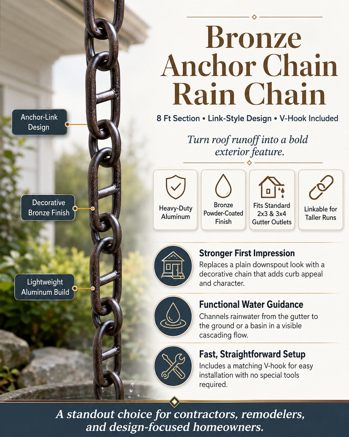 Bronze Anchor Chain Rain Chain | 8 ft Link Style & V-Hook