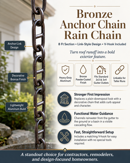 Bronze Anchor Chain Rain Chain | 8 ft Link Style & V-Hook