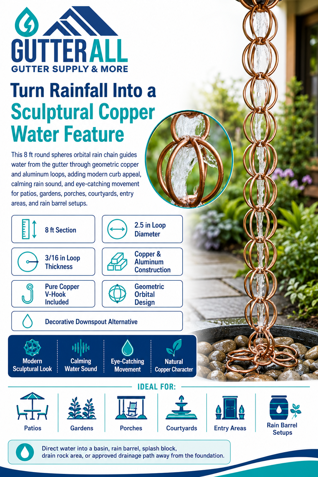Round Spheres Orbital Copper Rain Chain 8ft | Modern Art | Damascus OR