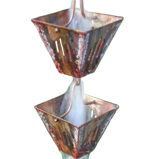Aged Square Cup Copper Rain Chain. Torch-aged antique patina. 19 cups. NOT chemical/paint. Handles heavy rain. V-hook included. Contractor DIY. Damascus OR.