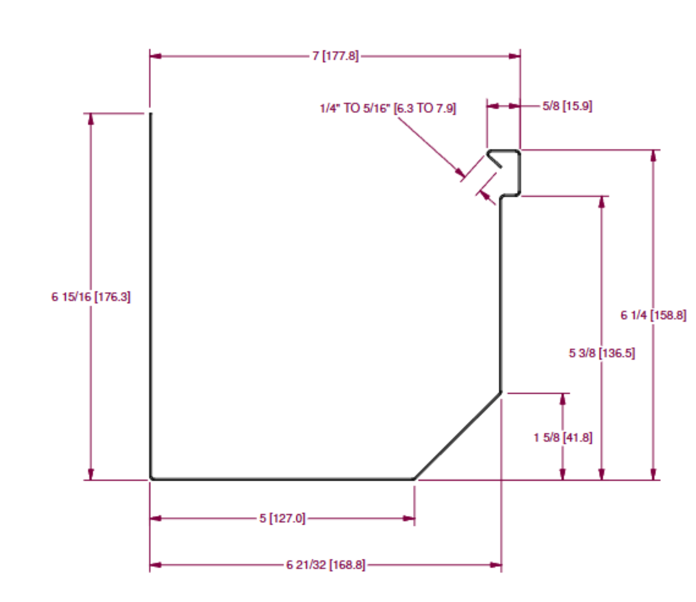 Technical drawing of BG7-SB7 straight back commercial gutter with detailed dimensions, BG7 commercial box gutter 7-inch seamless aluminum cut and drop high-capacity rectangular profile Damascus Oregon GutterAll