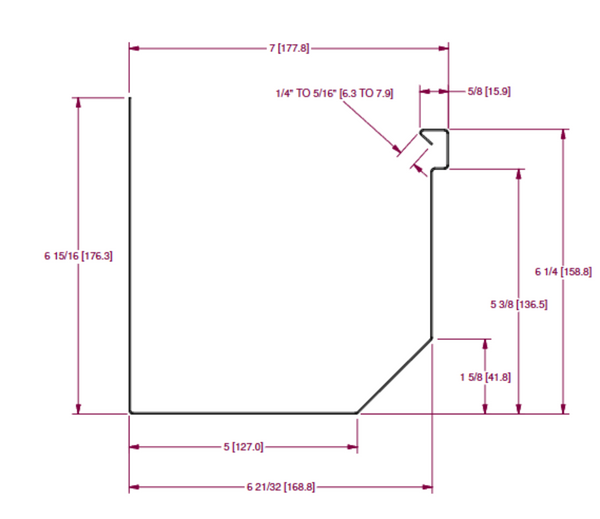 Technical drawing of BG7-SB7 straight back commercial gutter with detailed dimensions, shop GutterAll for commercial buildings in Damascus, OR, featuring Royal Gutters instalation.