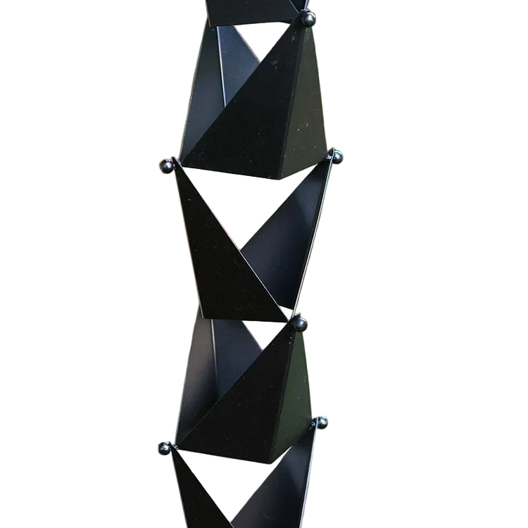 Black Origami Rain Chain. Hand crafted 304 stainless steel. Matte black powder coat. 8ft section with 27 cups. 4-1/2" x 4" x 2-1/2" cups. Geometric angular design. V-hook included. Contractor DIY. Damascus OR.