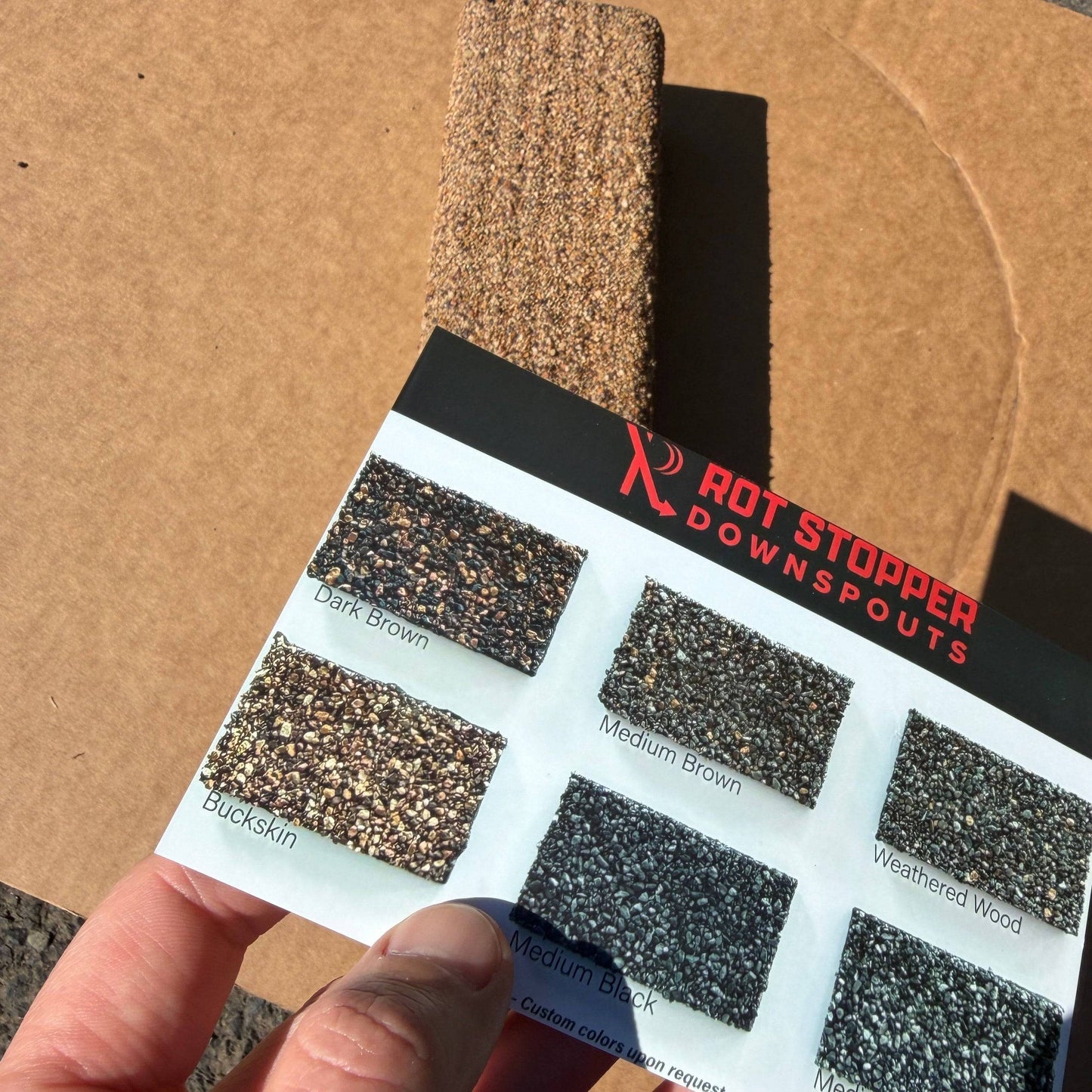 Buckskin Rot Stopper granule-coated downspout. Matches roof shingles. Prevents fascia rot. 6 colors. Custom matching available. Invisible drainage. Damascus OR.