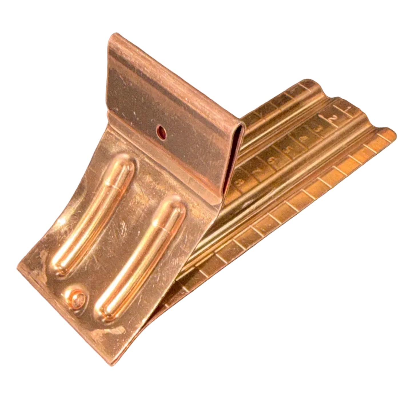 Durable copper and white gutter spacer brackets for half-round gutters.