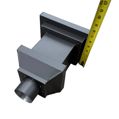 Angled product shot of a 7-inch deep flat-back scupper box detailing industrial rivets and a seamless drop outlet.