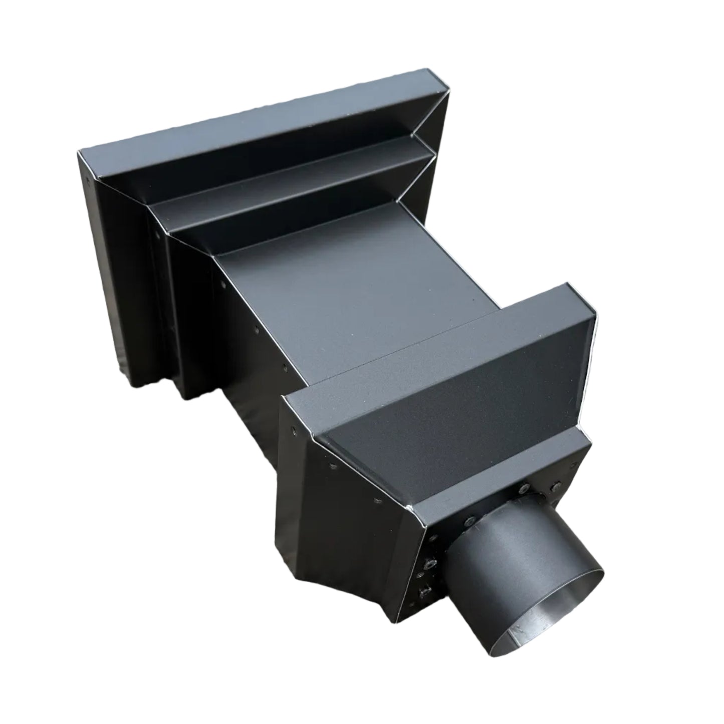 Contemporary matte black rain collection box showing heavy-duty construction and flush-mount back design.