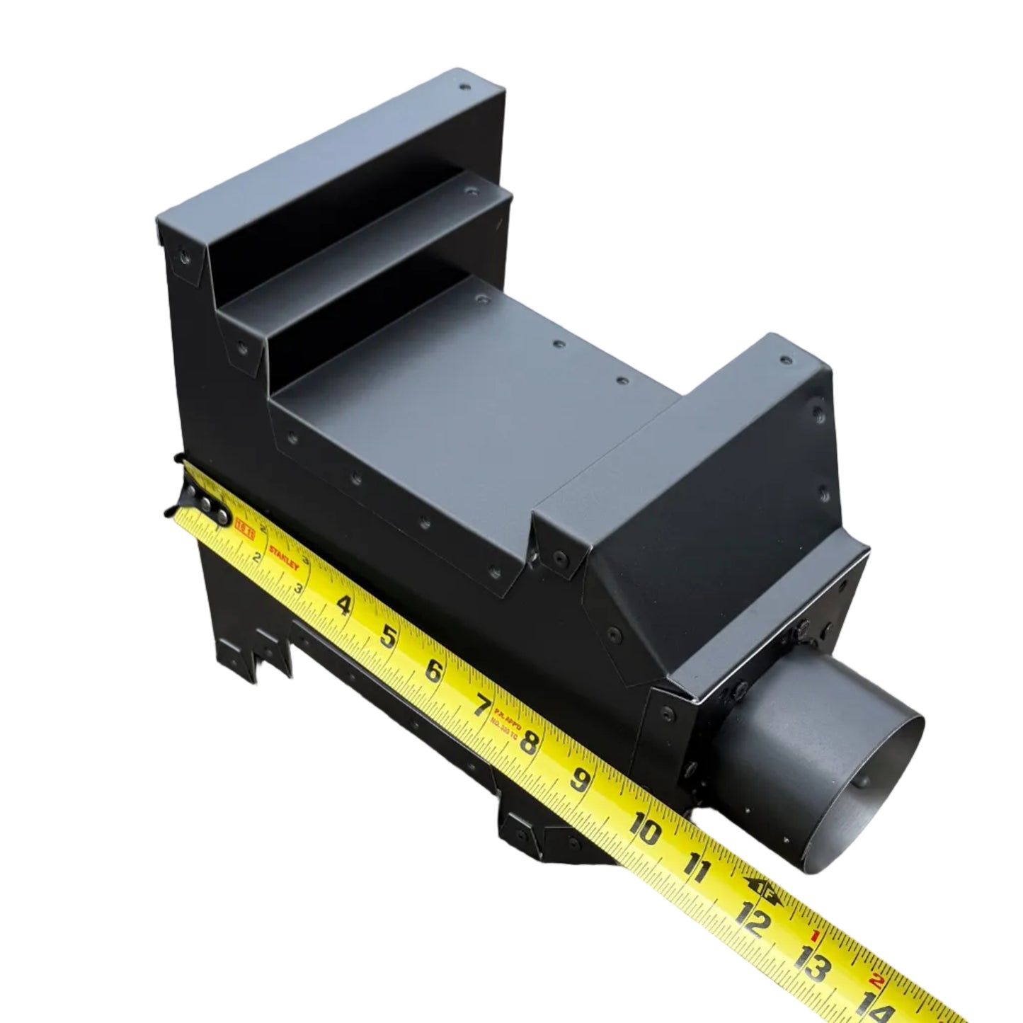Isolated product view of a 10-inch long modern decorative gutter collection box in a matte black finish.