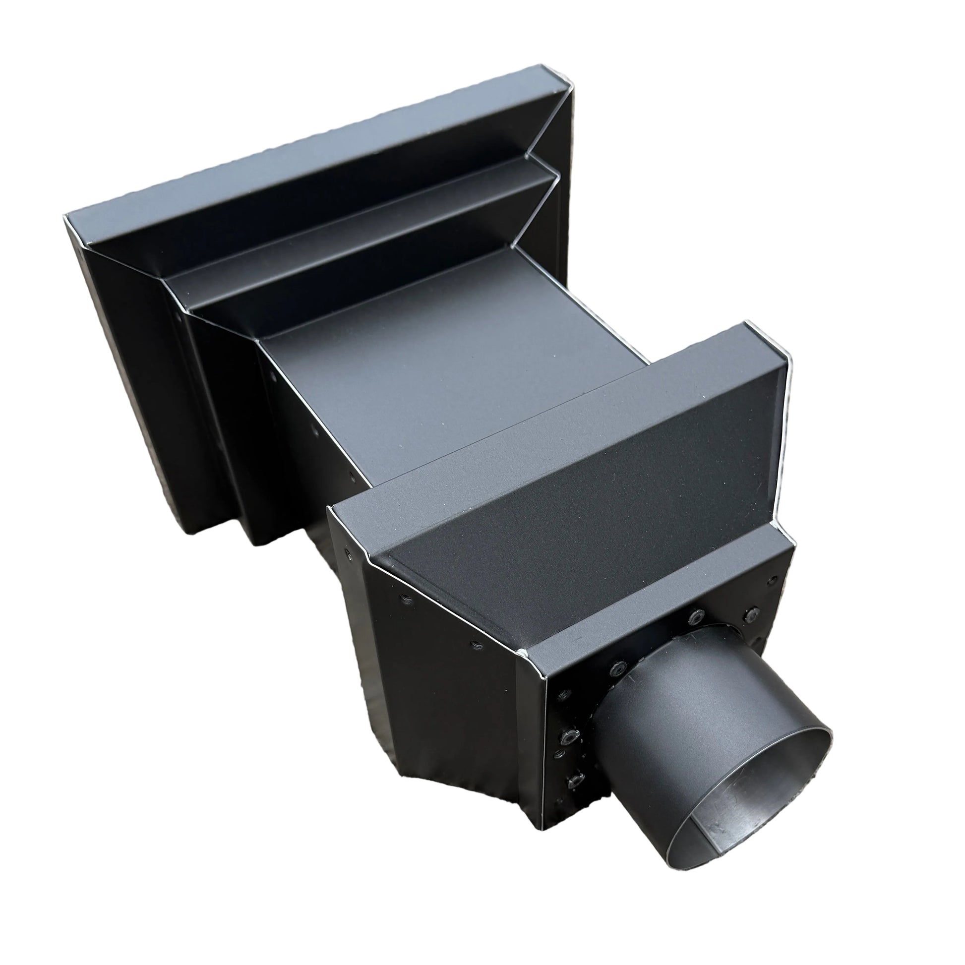 Isolated product view of a 10-inch long modern decorative gutter collection box in a matte black finish.