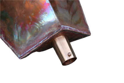 Copper Corner Leaderhead. Inside 90-degree valley collector. 12" height. Brass screen. D-clip rain chain outlet. Keyhole mount. Copper screws. Damascus OR.