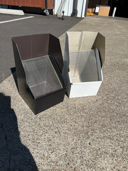 Commercial high-capacity aluminum downspout cleanout 8x15x9. 6-inch downspout compatible. Stainless steel screen. Large roofs. Custom orders. Damascus OR.